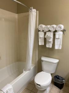 a bathroom with a toilet and a bath tub with towels at Country Inn & Suites by Radisson, Fort Worth, TX in Fort Worth