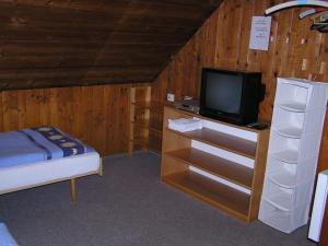a bedroom with a bed and a tv on a wooden wall at Penzion Mikeš in Pec pod Sněžkou