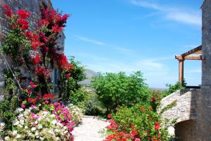 a garden with flowers on the side of a building at Palaeopoli Villas in Avlemonas