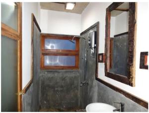 a bathroom with a shower and a toilet and a mirror at Ella Okreech Cottages in Ella