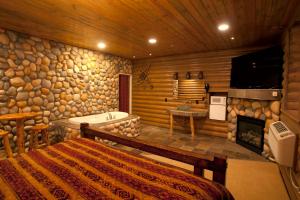 a bedroom with a fireplace and a bed and a tub at Destinations Inn Theme Rooms in Idaho Falls