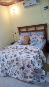 a bed with a blanket on it in a bedroom at Rose Garden Apartments in Limbe