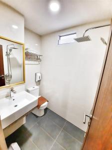 a bathroom with a sink and a toilet and a mirror at Namii Hotel in Nagoya