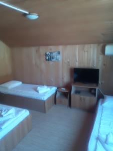 a small room with two beds and a tv at Vila Corsarul in Crisan