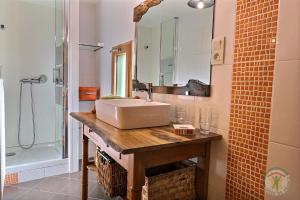 ein Bad mit einem Waschbecken und einem Spiegel in der Unterkunft Chambres D'HÔTES in Vezin-le-Coquet