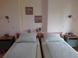 2 Betten in einem Zimmer mit 2 Tischen in der Unterkunft Apartments Luisenhof in Krefeld