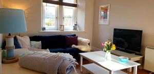 a living room with a blue couch and a tv at Old Farm Holiday Cottages - Scottish Borders in Chirnside