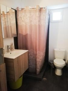 e bagno con servizi igienici e tenda per la doccia. di Explore Greece from Cozy City Centre Apartment a Calcide