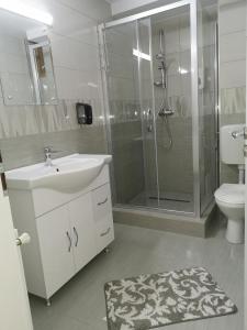 a bathroom with a sink and a shower and a toilet at Pensiunea Memy in Buşteni