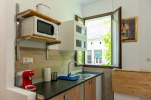 cocina con fregadero, microondas y ventana en Apartamentos Vado - San Matías alto, en Granada
