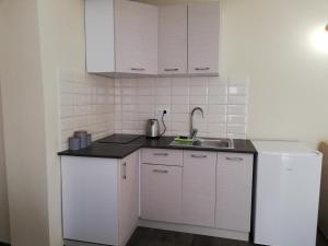 a kitchen with white cabinets and a sink and a refrigerator at Cara Guesthouse 1 in Cluj-Napoca