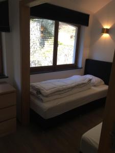 uma cama num quarto com uma janela em Villa Odile em Malmedy