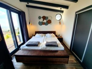 a bedroom with a bed and a large window at Bagoly Wellness Apartman in Pécs