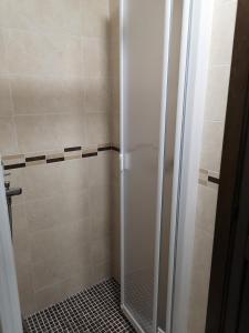 La salle de bains est pourvue d'une douche avec une porte en verre. dans l'établissement Apartamento El Carmen, à Setenil de las Bodegas