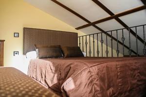 1 dormitorio con 1 cama grande con manta marrón en Vía Caparra Superior, en Oliva de Plasencia