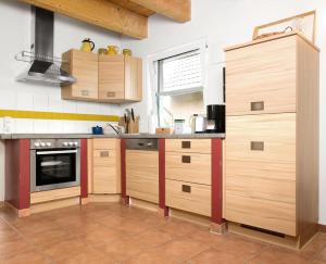 a kitchen with wooden cabinets and a counter top at Haus Meerforelle Haus Meerforelle Wohnung 1 in Insel Poel