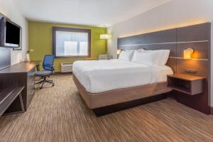 Habitación de hotel con cama, escritorio y TV. en Holiday Inn Express Columbus - Ohio Expo Center, an IHG Hotel en Columbus