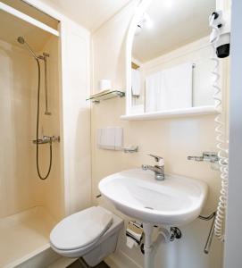 uma casa de banho com um lavatório, um WC e um chuveiro em Hotel Restaurant Bad Gutenburg em Lotzwil