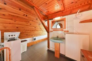SondernachにあるSpacieux et confortables gîtes à proximité randonnées, lacs, ski natureの木製の天井のバスルーム(シンク付)
