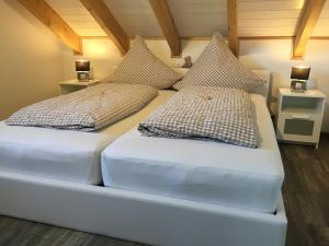 2 camas en una habitación con 2 almohadas en Penthaus Regine, en Bruchhausen