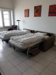 2 Betten in einem Zimmer neben einem Fenster in der Unterkunft Residentie GALAXY in Middelkerke