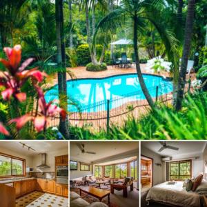 a collage of pictures of a house with a swimming pool at Bella Vista Bellingen in Bellingen