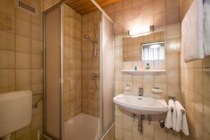 a bathroom with a shower and a sink and a toilet at Gasthaus Kammerhof in Angath