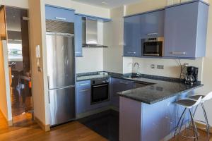 a kitchen with blue cabinets and stainless steel appliances at Paseo Butrón by Basquelidays in Hondarribia