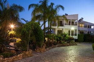 a house with palm trees and a stone driveway at Coliseum Studios & Apartments in Pefki Rhodes