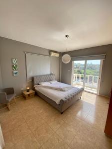 een slaapkamer met een groot bed en een groot raam bij Acropolis Villa 8 in Klorakas