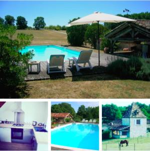 un collage de fotos de una piscina con sombrilla en Beautiful pigeonnier with sensational surroundings, en Pujols