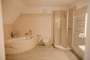 a bathroom with a tub and a toilet and a shower at Cavalierhaus Branitz in Cottbus