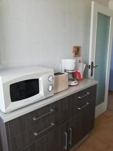 a microwave sitting on top of a counter in a kitchen at La Marina Solo Familias!!! Serviplaya in Playa de Xeraco