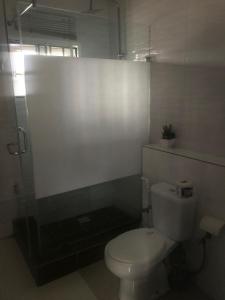 a white bathroom with a toilet and a shower at Studio One Bed Apartment - Off Chevron Drive in Lekki