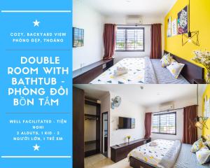 Pokój z pokojem dwuosobowym z łazienką i tramwajem na łóżko w obiekcie Dreamy Sky - Airport View Boutique Hotel w mieście Da Nang