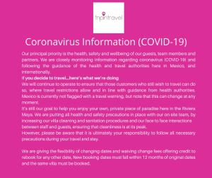 a page of a brochure for coronavirus information at Palms house in Tulum