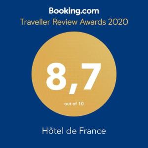 Certifikát, hodnocení, plakát nebo jiný dokument vystavený v ubytování Hôtel de France