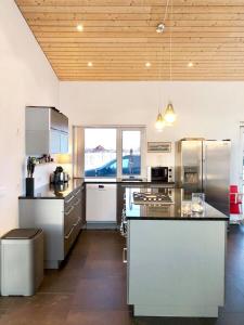 a kitchen with stainless steel appliances and a wooden ceiling at Golden Circle Luxury Villa in Selfoss