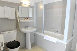 a bathroom with a sink and a toilet and a shower at Relais Des Tilleuls in Hasparren