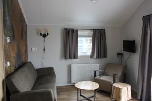 een woonkamer met een bank en een stoel bij De Bijsselse Enk, Noors chalet 11 in Nunspeet