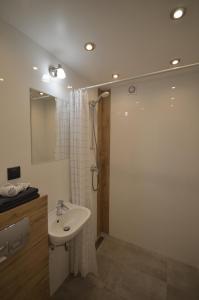 y baño con lavabo y ducha. en Blue Sail Sopot Apartments en Sopot