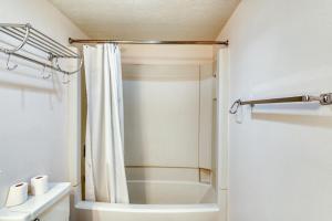 a bathroom with a shower with a shower curtain at Angel Fire Chalets in Angel Fire