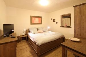 a bedroom with a bed and a desk and a television at Panonska Vas Apartments in Moravske-Toplice