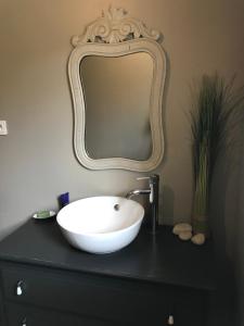 baño con lavabo y tocador con espejo. en Pays des Senteurs, en Saint-Ferréol-Trente-Pas 52 fotos más