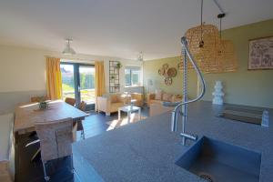 een keuken en een woonkamer met een aanrecht bij Luxus Familienvilla mit Jacuzzi & Sauna in Tzummarum