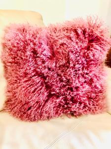 a pink furry pillow on a couch at Mandria Retreat in Mandria