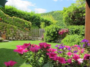 un jardín con flores rosas y una valla de piedra en Appartamento Sopramonte, en Trento