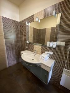 een badkamer met een wastafel en een spiegel bij Dva Bobry (Two Beavers) in Myla