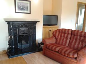 sala de estar con sofá y chimenea en Dillon's Cottage, en Monneill