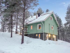 ein grünes Haus im Wald im Schnee in der Unterkunft Holiday Home Jäkälätieva by Interhome in Raattama